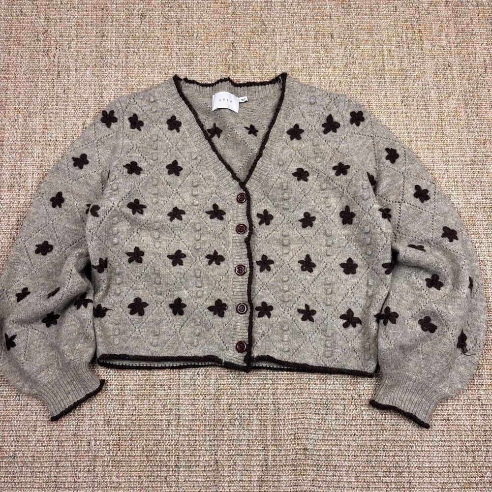 🌸 Lush Cropped Floral Appliqué Pointelle Cardigan | S | Ginger Brown